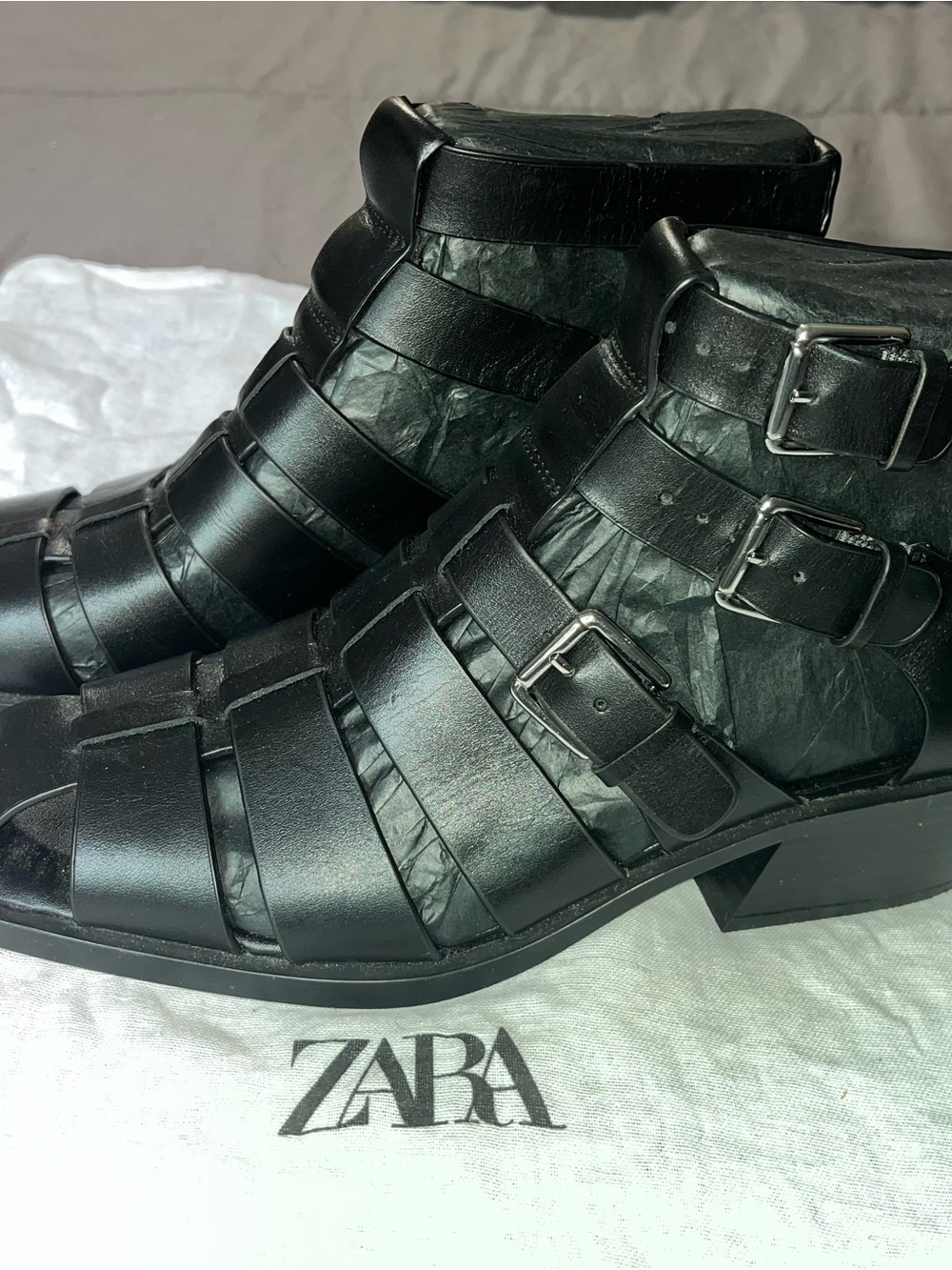 ZARA Women’s Black Leather Strappy Buckle Boots